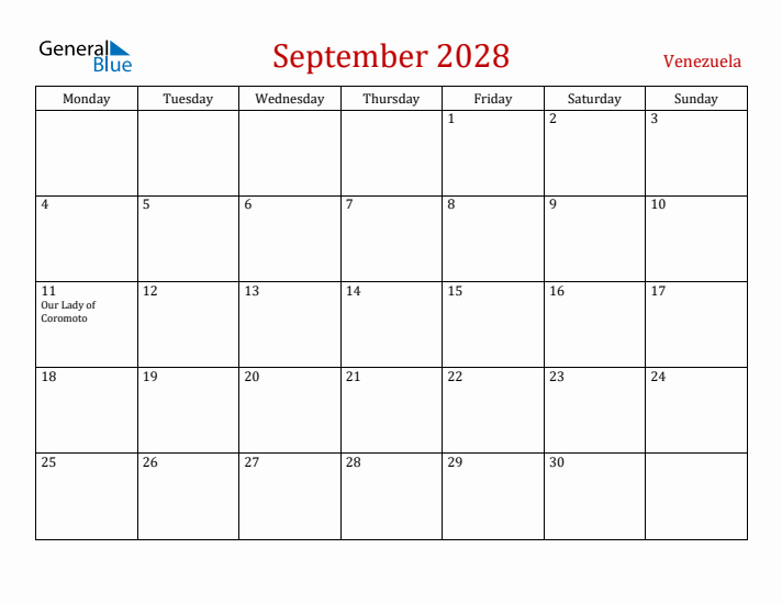 Venezuela September 2028 Calendar - Monday Start