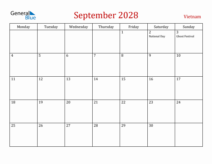 Vietnam September 2028 Calendar - Monday Start