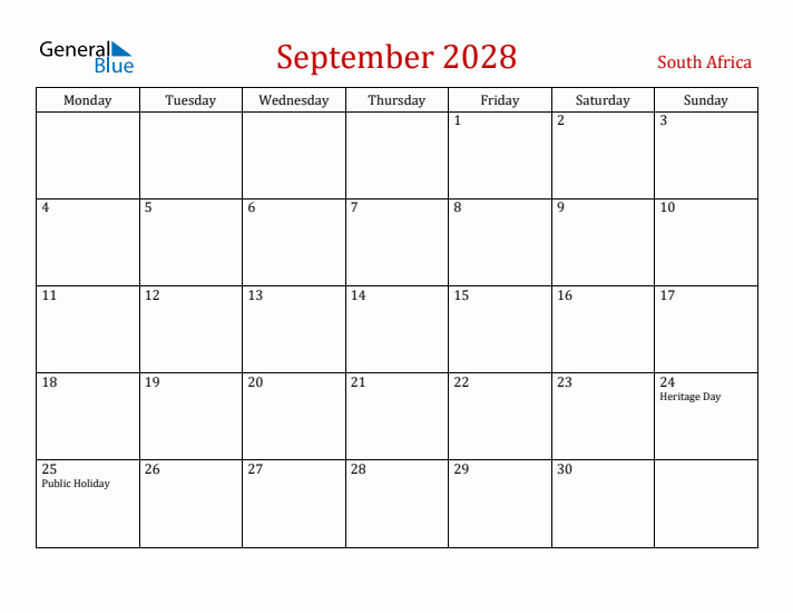 South Africa September 2028 Calendar - Monday Start