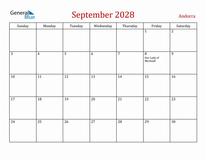 Andorra September 2028 Calendar - Sunday Start