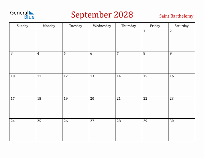 Saint Barthelemy September 2028 Calendar - Sunday Start