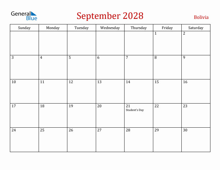 Bolivia September 2028 Calendar - Sunday Start