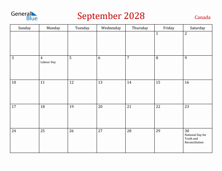 Canada September 2028 Calendar - Sunday Start