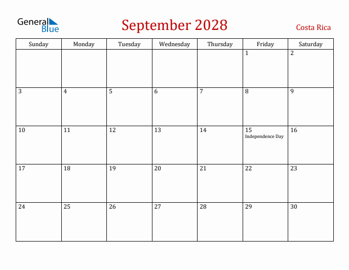 Costa Rica September 2028 Calendar - Sunday Start