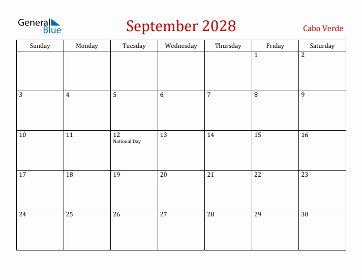 Cabo Verde September 2028 Calendar - Sunday Start