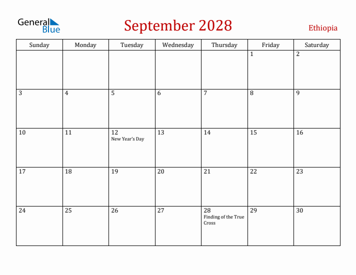 Ethiopia September 2028 Calendar - Sunday Start