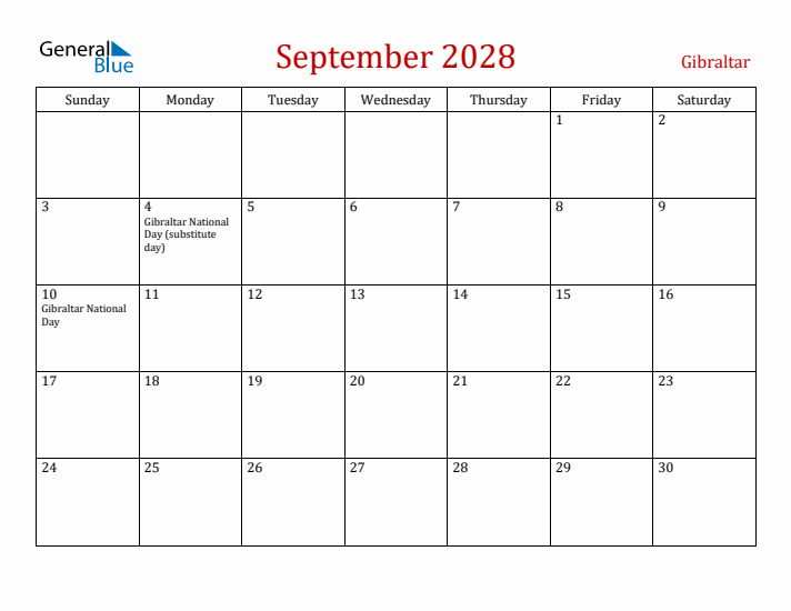 Gibraltar September 2028 Calendar - Sunday Start