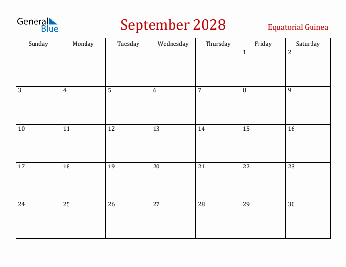 Equatorial Guinea September 2028 Calendar - Sunday Start