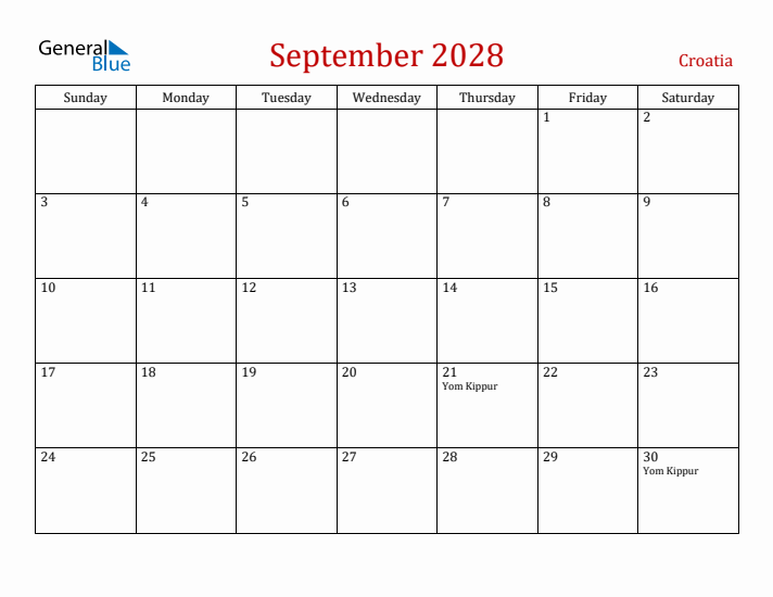 Croatia September 2028 Calendar - Sunday Start