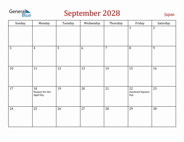 Japan September 2028 Calendar - Sunday Start