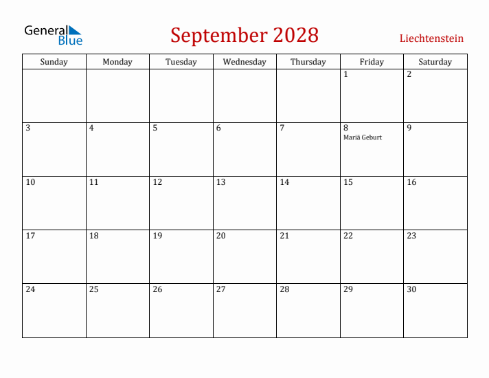Liechtenstein September 2028 Calendar - Sunday Start