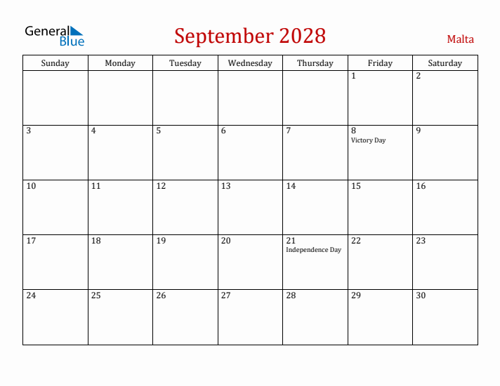 Malta September 2028 Calendar - Sunday Start