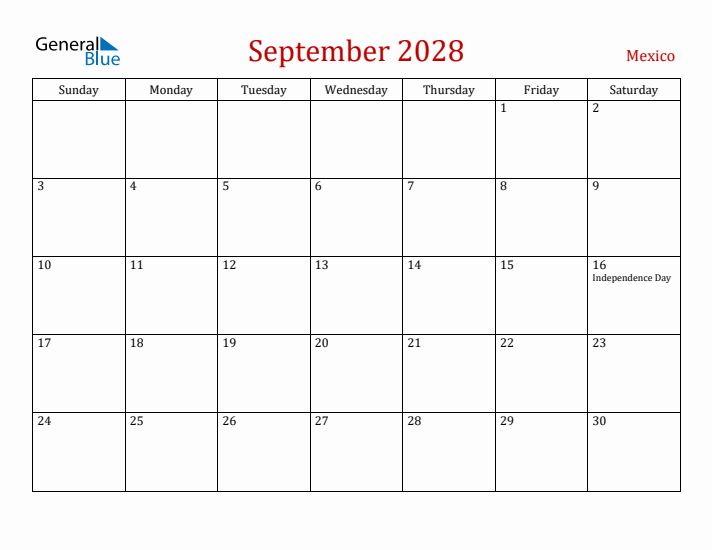 Mexico September 2028 Calendar - Sunday Start