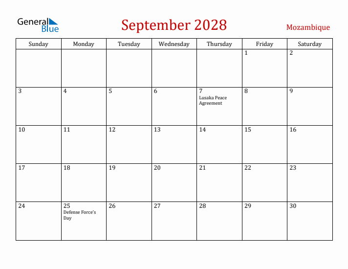 Mozambique September 2028 Calendar - Sunday Start