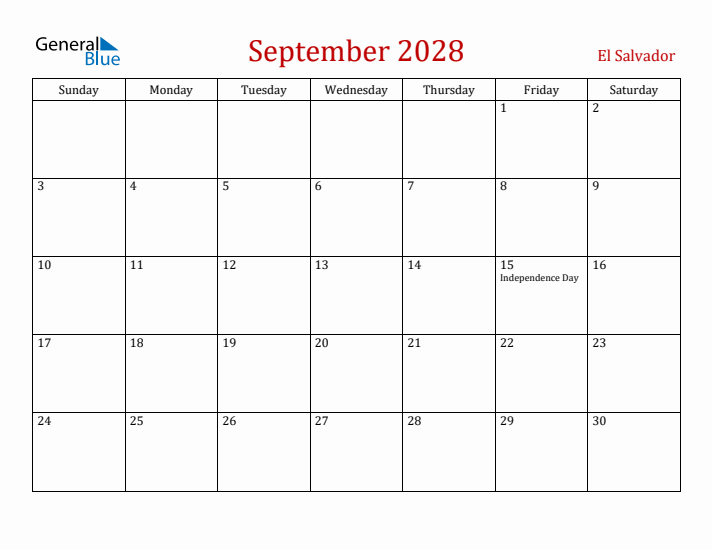 El Salvador September 2028 Calendar - Sunday Start