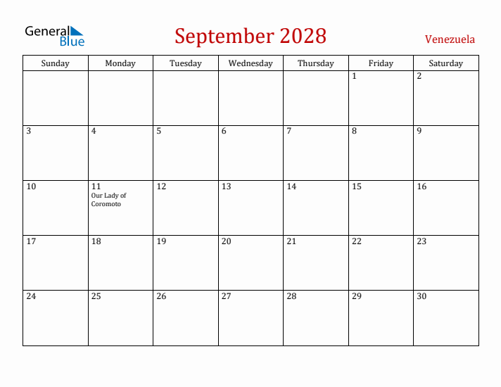 Venezuela September 2028 Calendar - Sunday Start