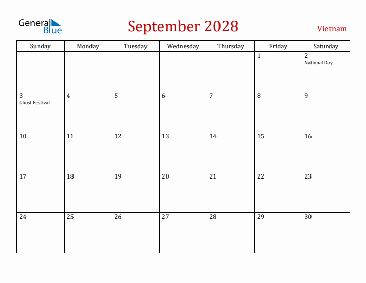 Vietnam September 2028 Calendar - Sunday Start