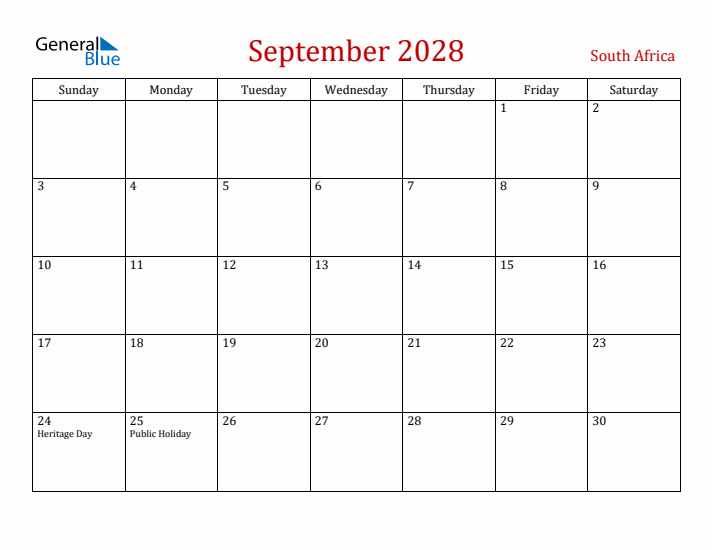 South Africa September 2028 Calendar - Sunday Start