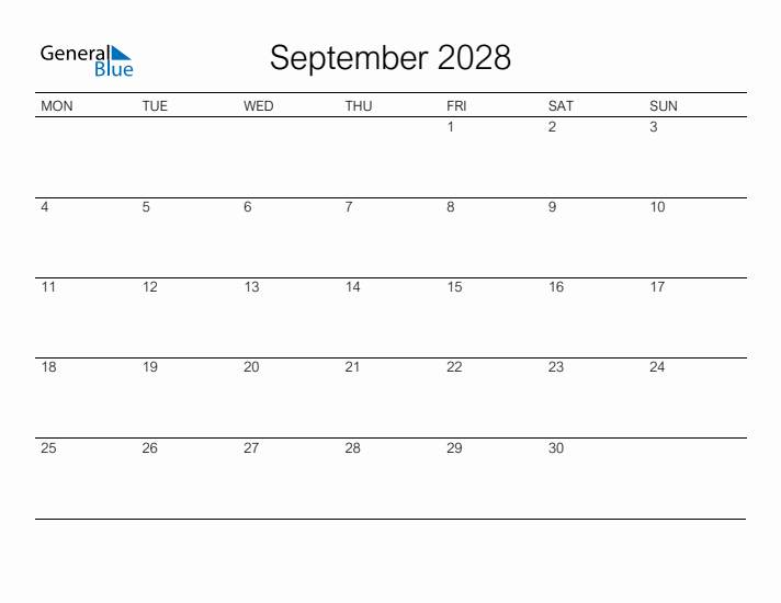 Printable September 2028 Calendar - Monday Start