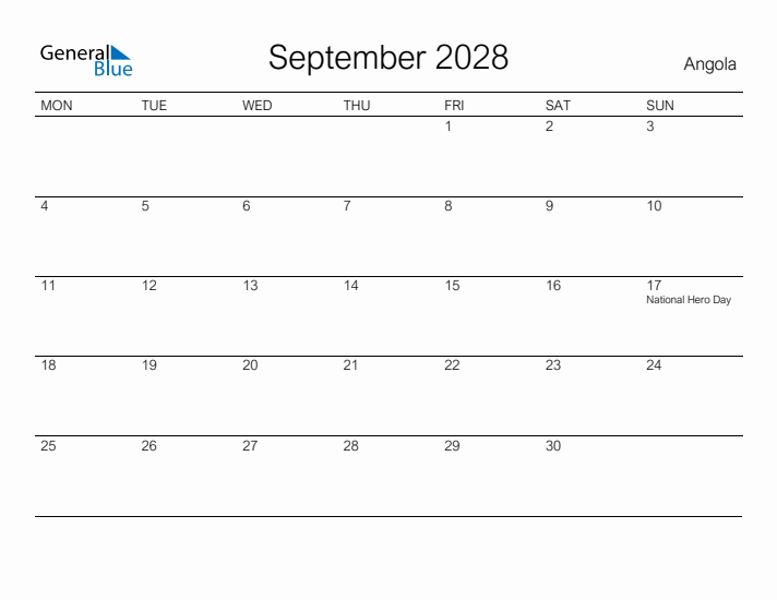 Printable September 2028 Calendar for Angola