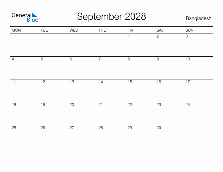 Printable September 2028 Calendar for Bangladesh