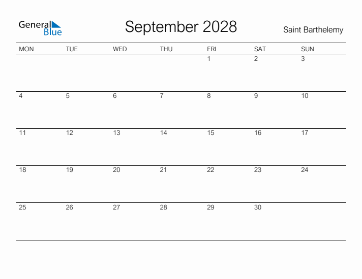 Printable September 2028 Calendar for Saint Barthelemy
