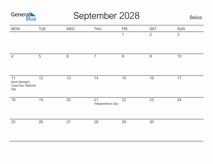 Printable September 2028 Calendar for Belize