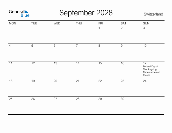 Printable September 2028 Calendar for Switzerland