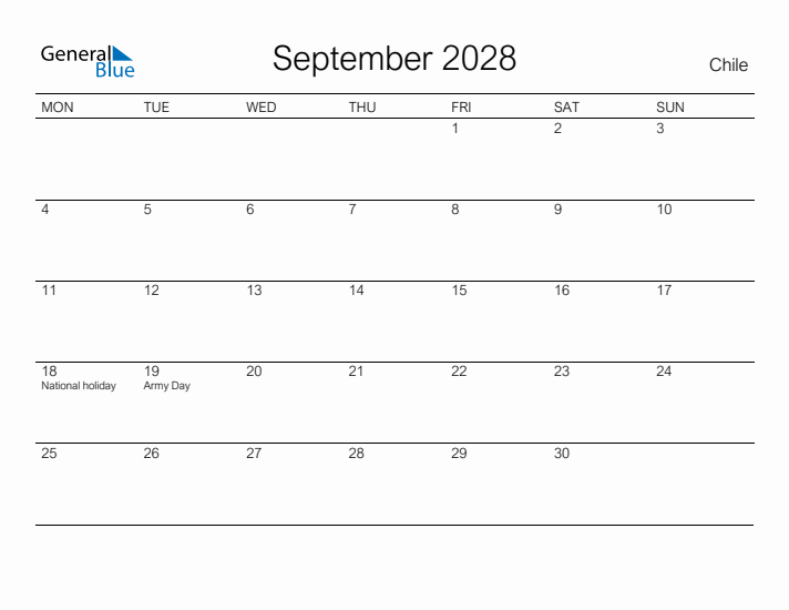 Printable September 2028 Calendar for Chile