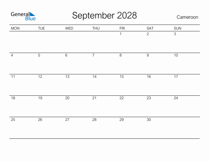 Printable September 2028 Calendar for Cameroon