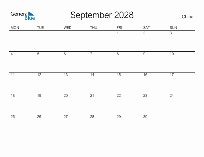 Printable September 2028 Calendar for China
