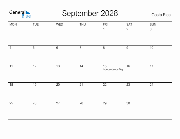 Printable September 2028 Calendar for Costa Rica