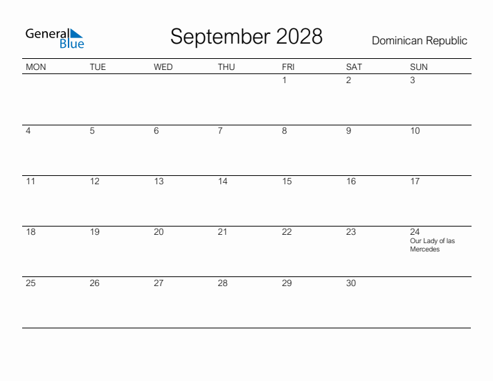 Printable September 2028 Calendar for Dominican Republic