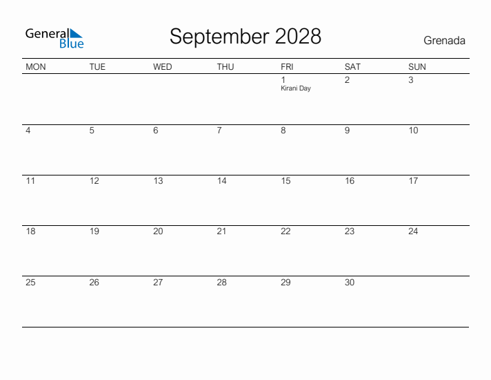Printable September 2028 Calendar for Grenada