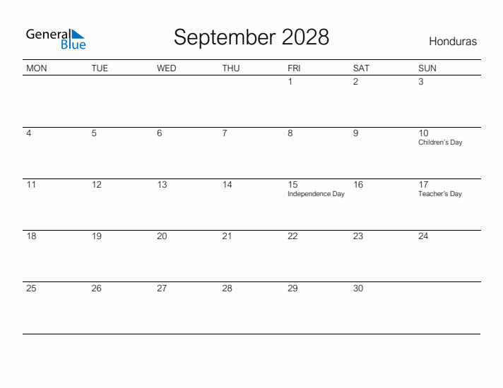Printable September 2028 Calendar for Honduras