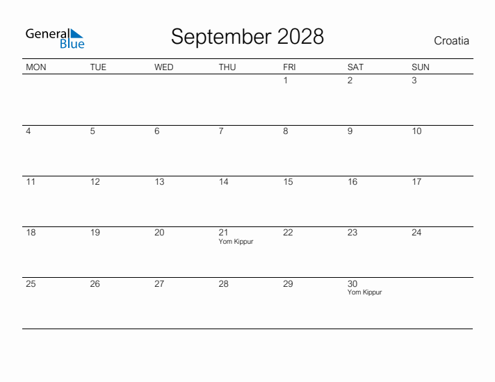 Printable September 2028 Calendar for Croatia
