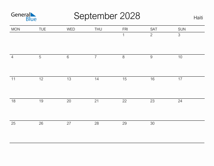 Printable September 2028 Calendar for Haiti