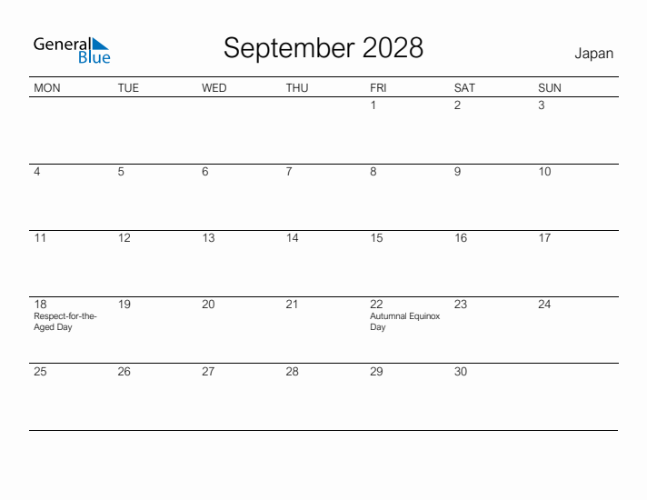 Printable September 2028 Calendar for Japan