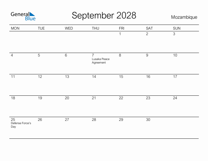 Printable September 2028 Calendar for Mozambique