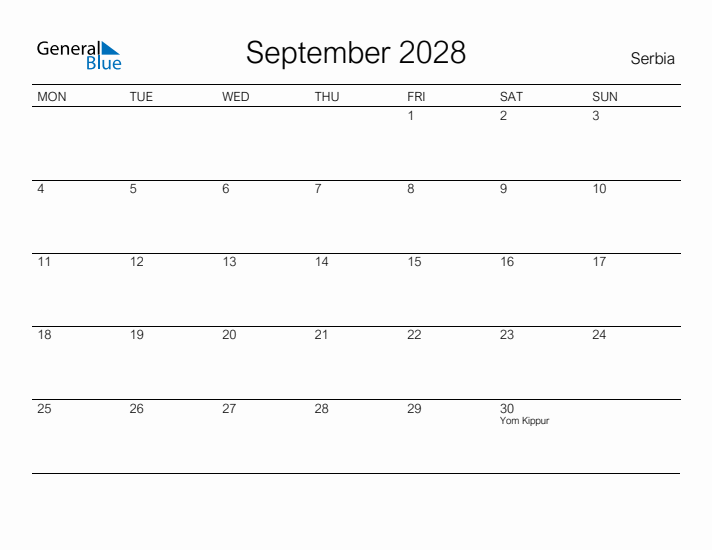 Printable September 2028 Calendar for Serbia