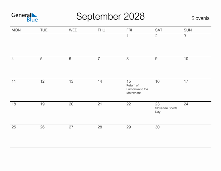 Printable September 2028 Calendar for Slovenia