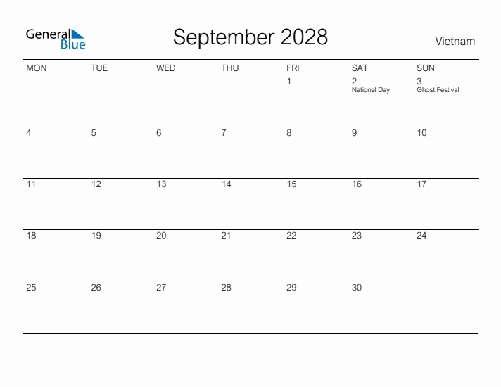 Printable September 2028 Calendar for Vietnam
