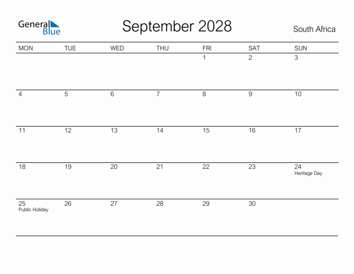 Printable September 2028 Calendar for South Africa