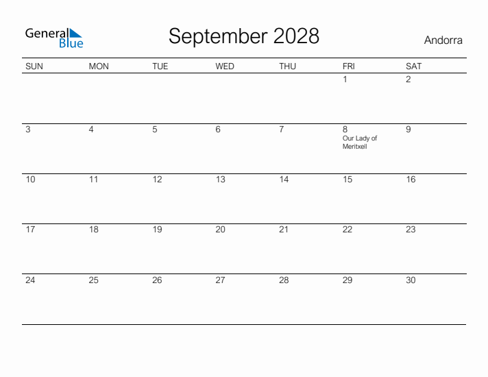 Printable September 2028 Calendar for Andorra