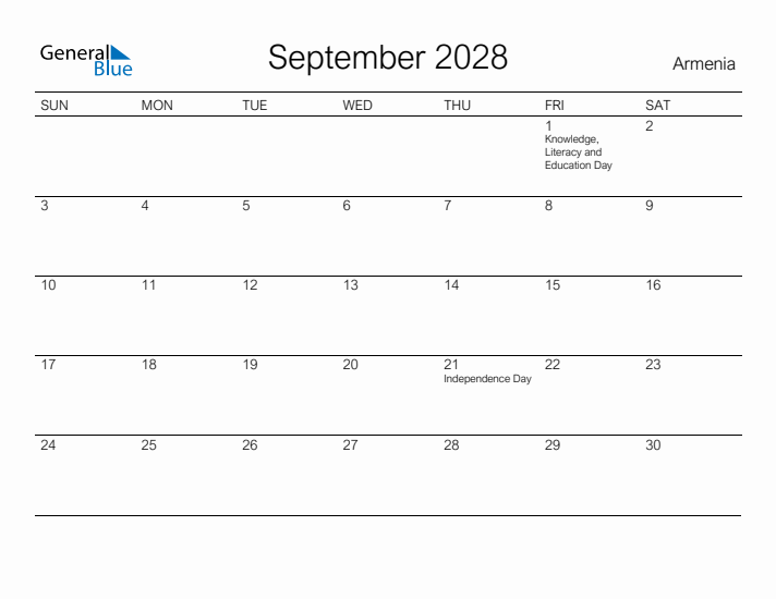 Printable September 2028 Calendar for Armenia