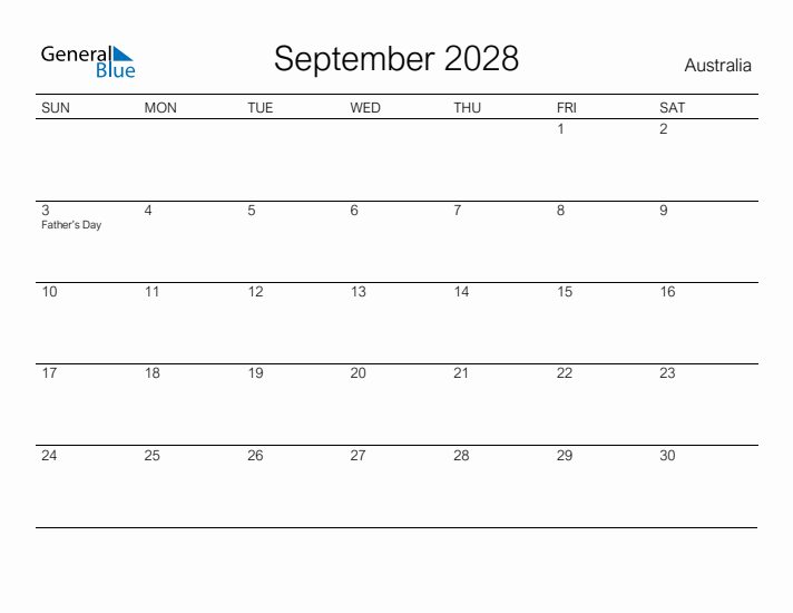 Printable September 2028 Calendar for Australia