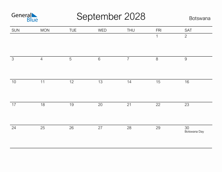 Printable September 2028 Calendar for Botswana