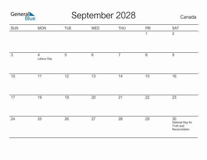 Printable September 2028 Calendar for Canada