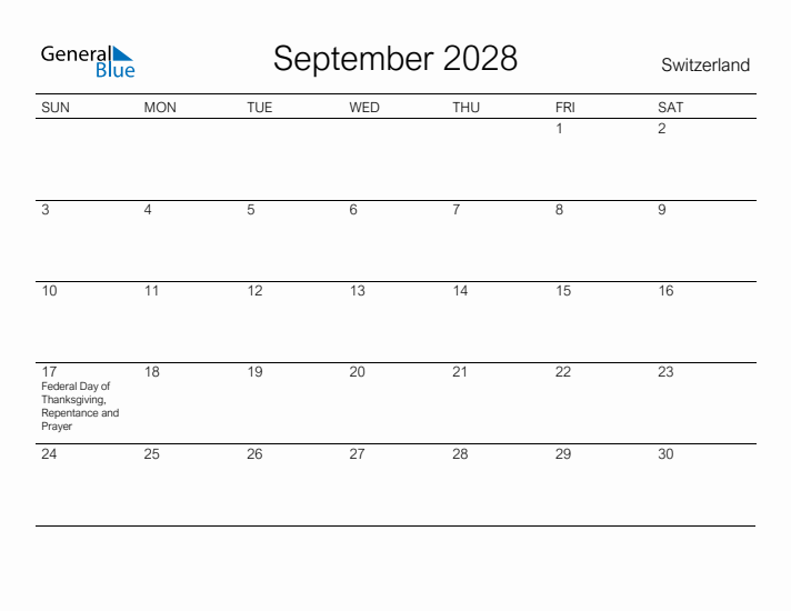Printable September 2028 Calendar for Switzerland