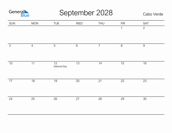 Printable September 2028 Calendar for Cabo Verde